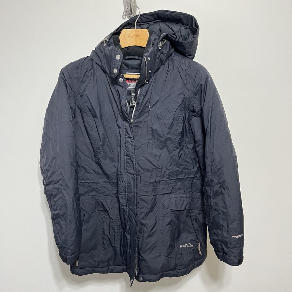 Eddie Bauer WeatherEdge Parka Mens L Black Goose Down Hooded Winter Jacket Coat
